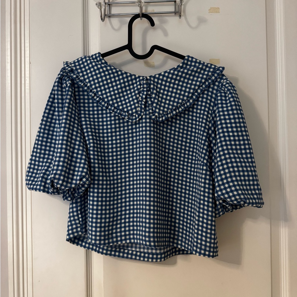 Monteau Blue Gingham Puff-Sleeve Blouse with Peter Pan Collar size M